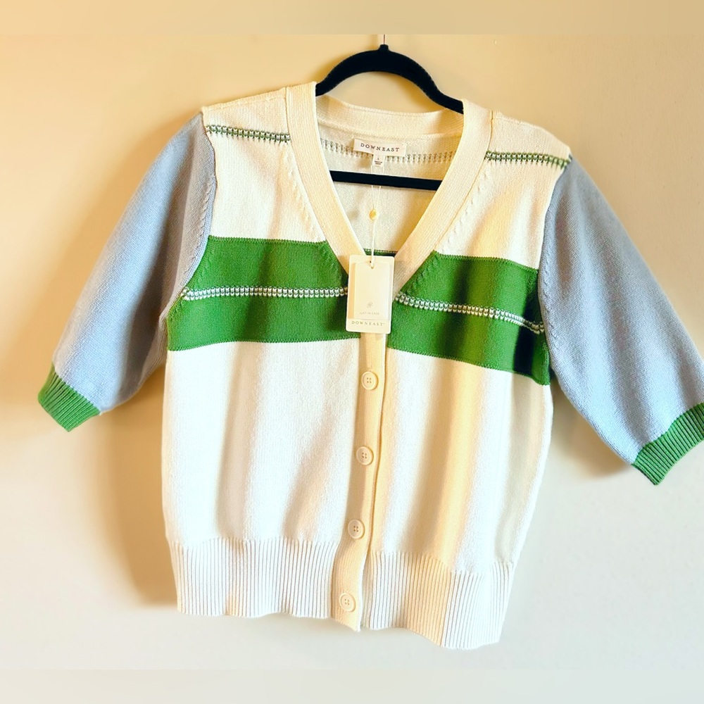DownEast Green and White Colorblock Cardigan